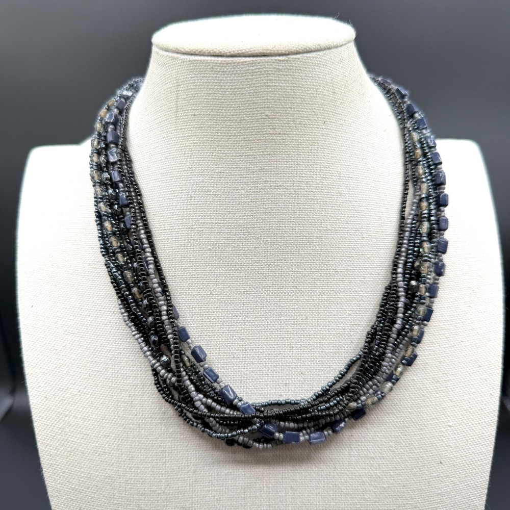 Multi Strand Black Gray Blue Beaded Statement Necklace Layered Boho AdjustableMu